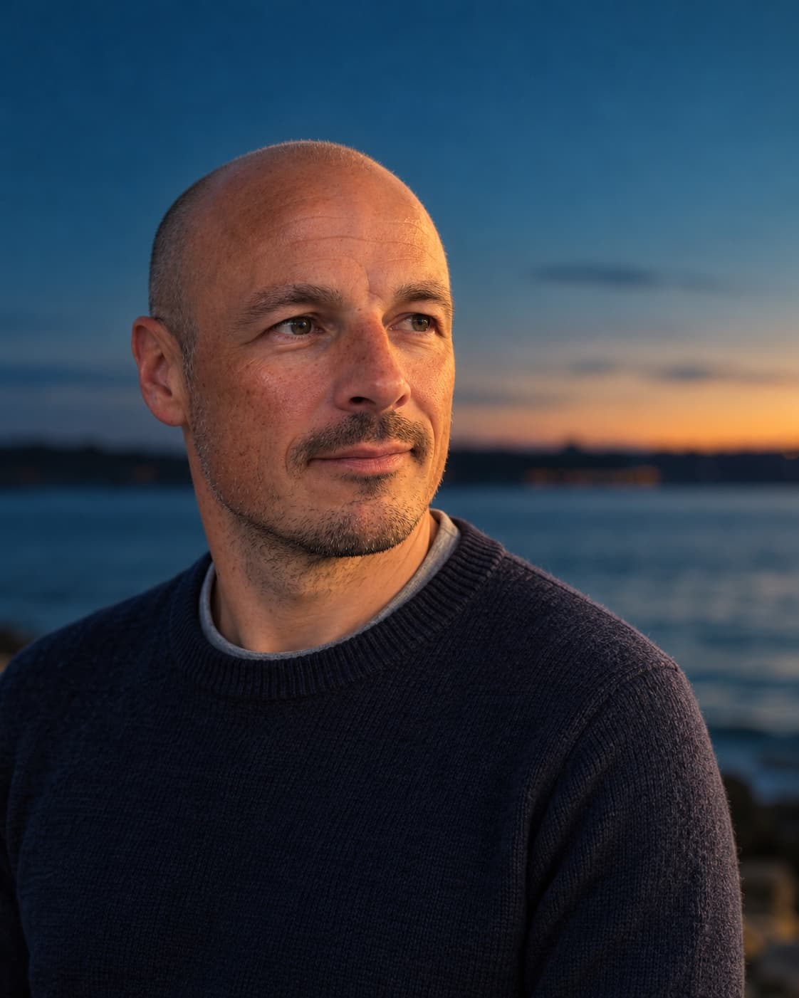 Lars Borchardt am Wasser in der Abenddämmerung