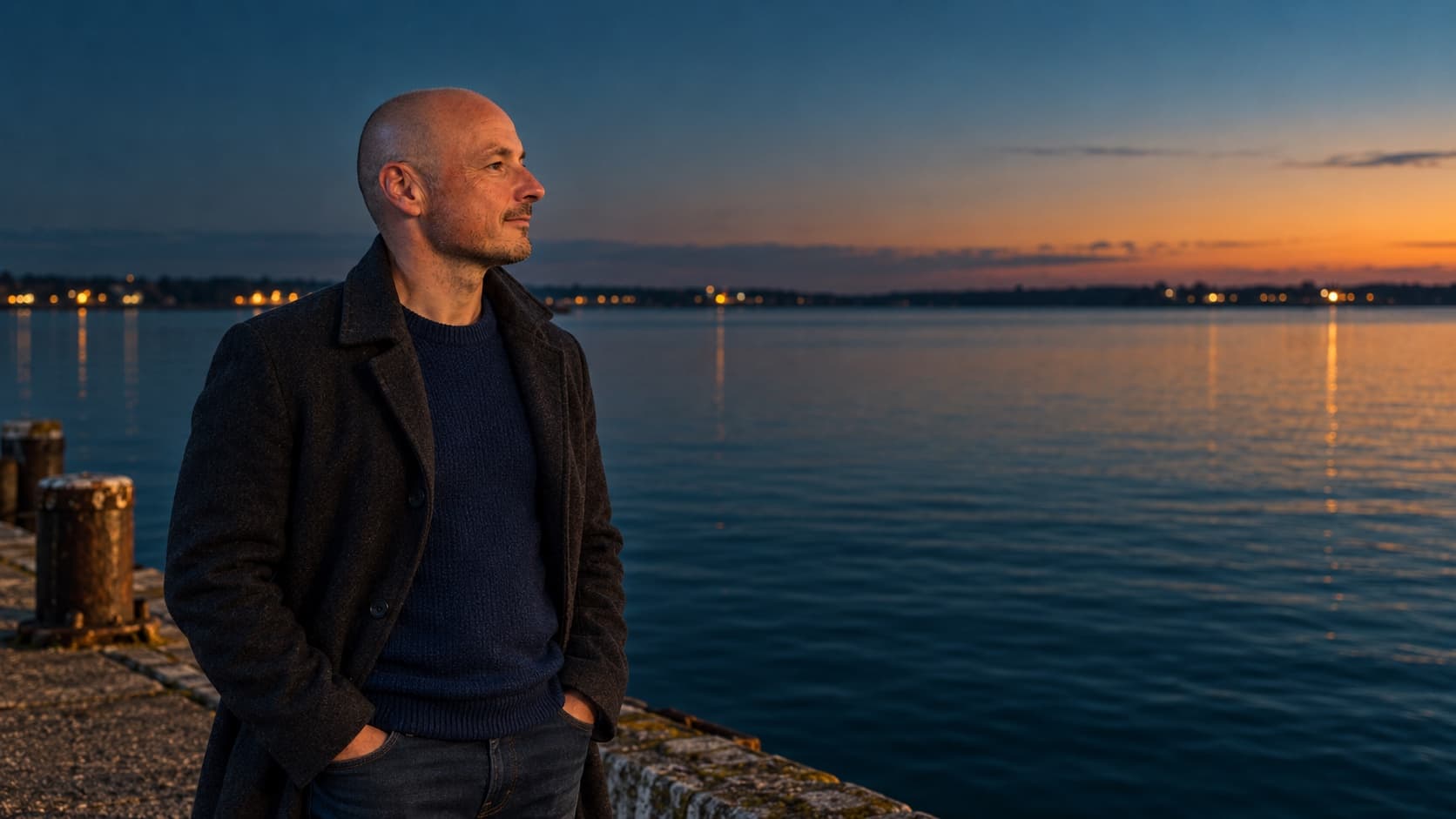 Lars Borchardt steht in der Dämmerung an einer Hafenkante und blickt über das Wasser